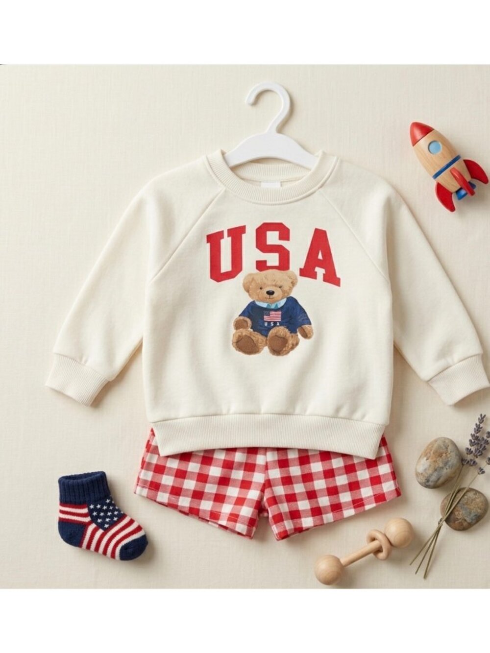 USA target Teddy Bear Sweatshirt & Red Gingham Shorts Set 2T - Toddler Outfit